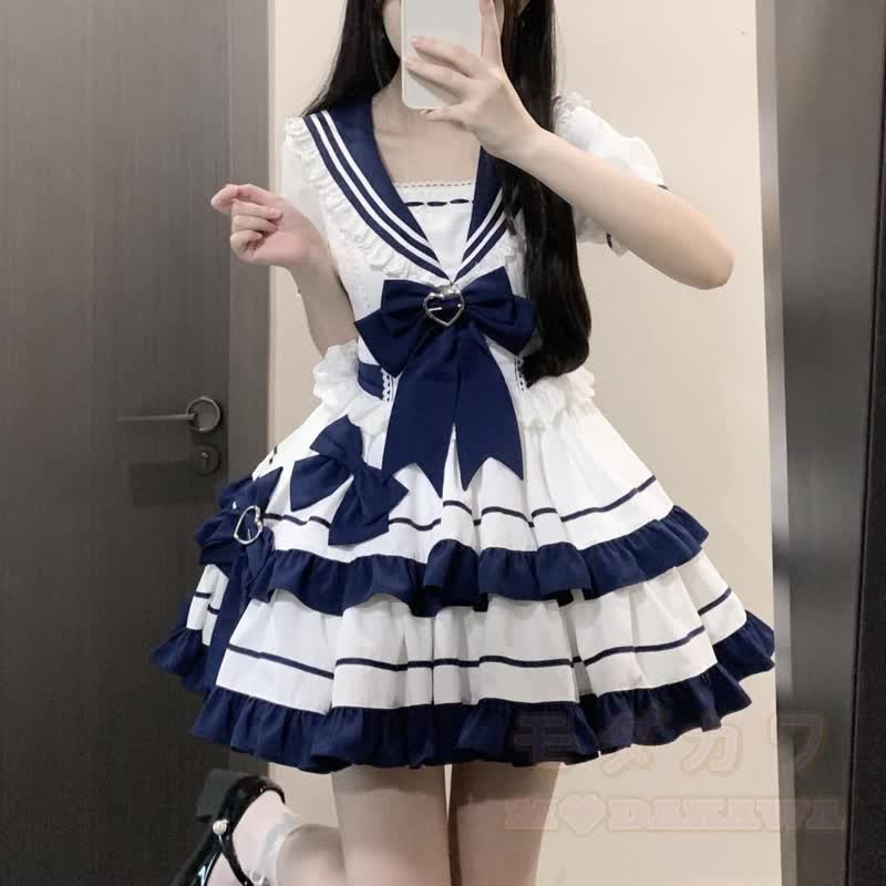 Marineblaues Kleid mit Matrosenkragen, Schleife, Rüschen und gestuften Lolita-Puffärmeln - image 2