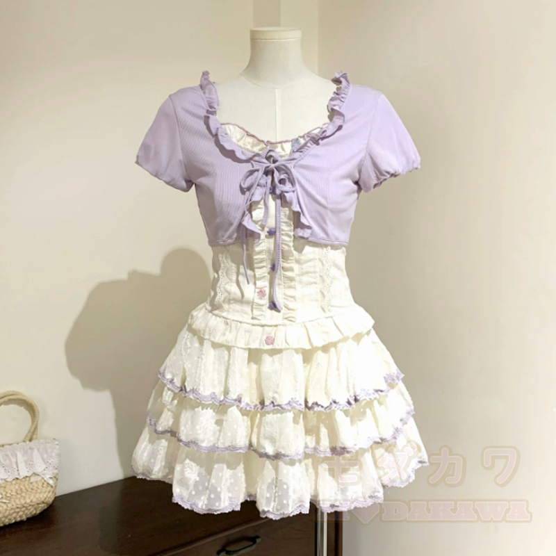 Dreiteiliges Set aus floralem Schleifen-Top, Kurzarm-Cardigan und Stufenrock - Satz - L - image 3