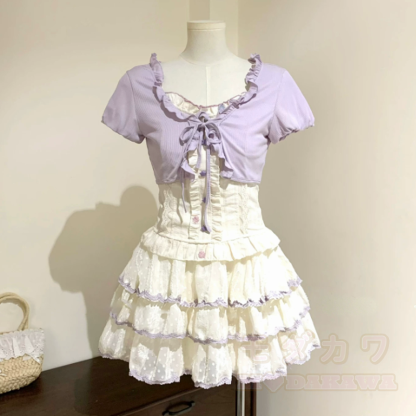 Dreiteiliges Set aus floralem Schleifen-Top, Kurzarm-Cardigan und Stufenrock - Satz - L - image 3