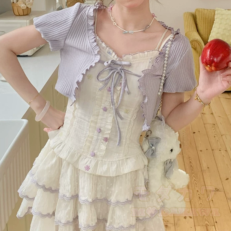Dreiteiliges Set aus floralem Schleifen-Top, Kurzarm-Cardigan und Stufenrock - image 2