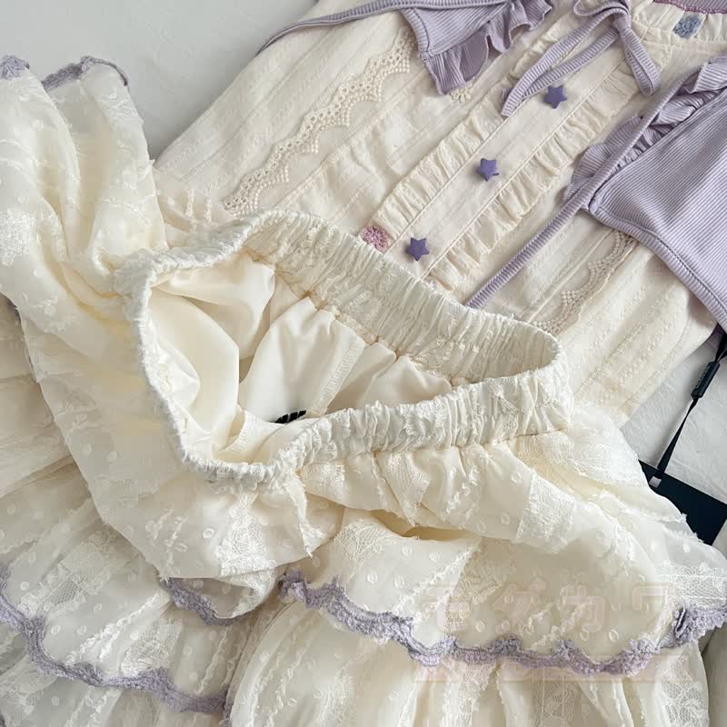 Dreiteiliges Set aus floralem Schleifen-Top, Kurzarm-Cardigan und Stufenrock - image 10
