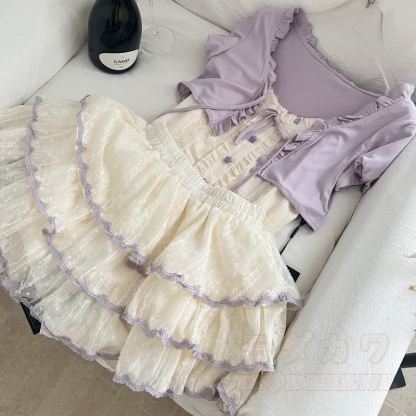 Dreiteiliges Set aus floralem Schleifen-Top, Kurzarm-Cardigan und Stufenrock - image 6