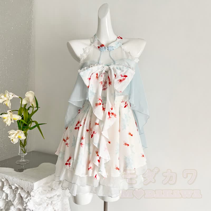 Kleid mit Goldfischmuster, Neckholder und Schleife, Rüschen - Blau - L - image 8