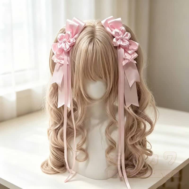 Lolita-Haarspangen mit Blumenmuster und Schleife für lange Zöpfe - Rosa - image 2