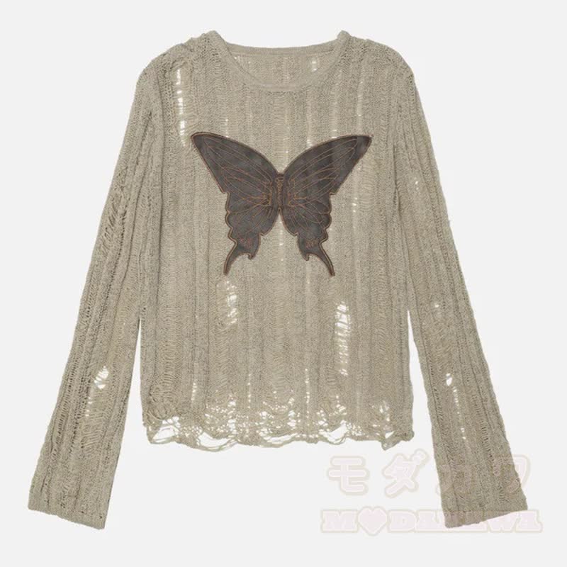 Langarm-Strick-T-Shirts mit Used-Look und hohler Schmetterlingsstickerei - Beige - 2XL - image 2