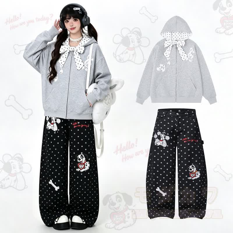 Hochwertiges, strapazierfähiges zweiteiliges Set: Kapuzenpullover mit Polka-Dot-Muster, Schleife, Reißverschluss und Hundestickerei, Hose. - Grauer Hoodie + Schwarze Hose - XL - image 1