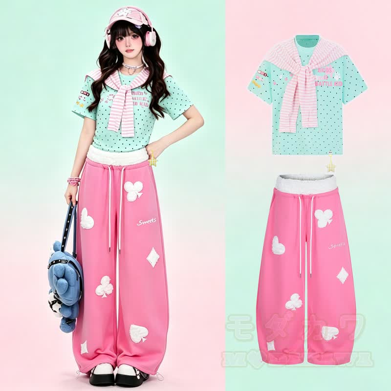 Hochwertiges, strapazierfähiges Set aus zweiteiligem Set: T-Shirt mit Polka-Dot-Stickerei und weit geschnittener Hose. - Grünes Oberteil + Rosa Hose - XL - image 1