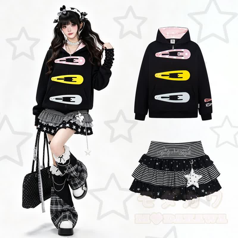 Hochwertiges, langlebiges Set aus Hoodie, Rock und Strasssteinen mit bunten Pins und Sternenmuster – zweiteilig - Schwarze Jacke + Schwarzer Rock - XL - image 1