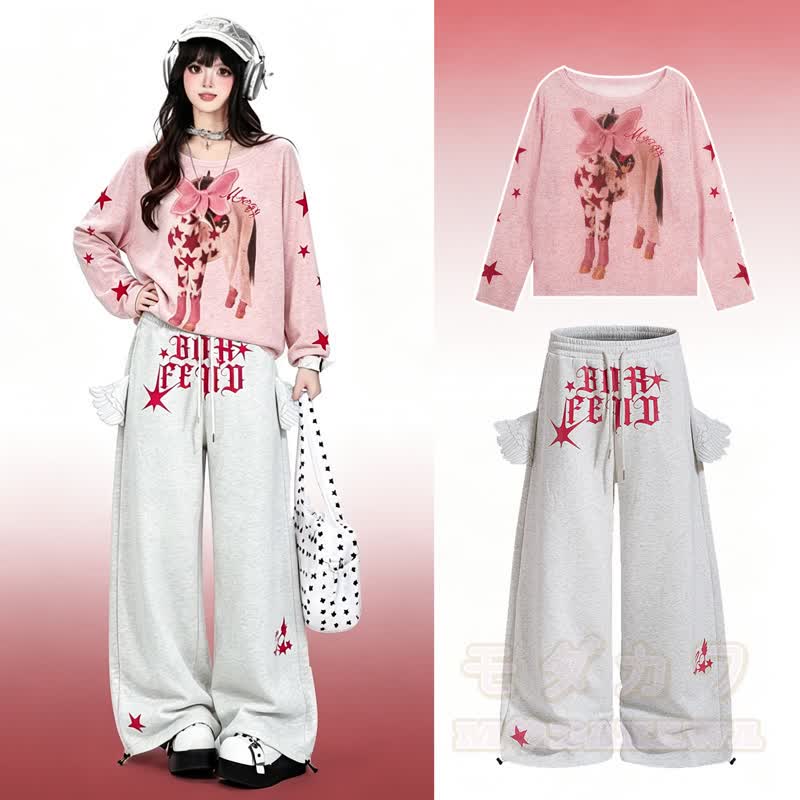 Hochwertiges, strapazierfähiges Set aus Oberteil, Hose und Schleifenstickerei mit Pferdemotiv und Flügeldekor - Rosa Oberteil + Hose - XL - image 1