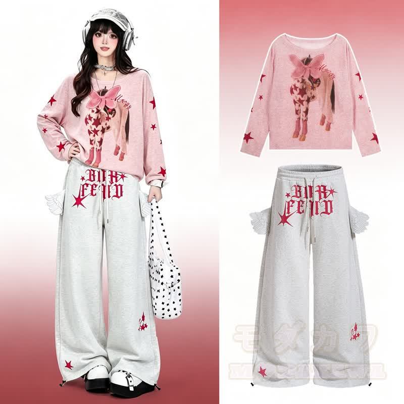 Hochwertiges, strapazierfähiges Set aus Oberteil, Hose und Schleifenstickerei mit Pferdemotiv und Flügeldekor - Rosa Oberteil + Hose - XL - image 1