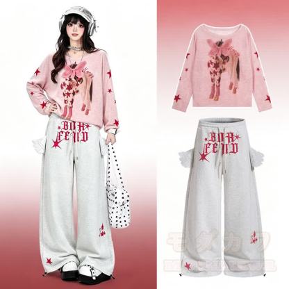 Hochwertiges, strapazierfähiges Set aus Oberteil, Hose und Schleifenstickerei mit Pferdemotiv und Flügeldekor - Rosa Oberteil + Hose - XL - image 1