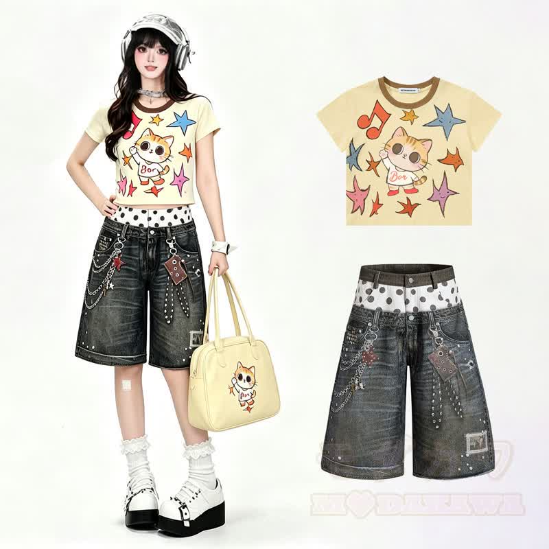 Zweiteiliges Set: Niedliches T-Shirt mit Katzen- und Sternenprint, bedruckte Jeansshorts und passendes Dekor-Dekor-Set - image 1