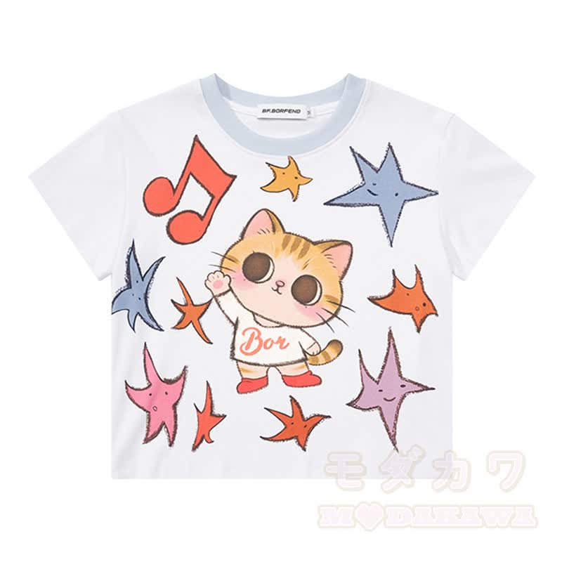 Zweiteiliges Set: Niedliches T-Shirt mit Katzen- und Sternenprint, bedruckte Jeansshorts und passendes Dekor-Dekor-Set - Weißes Oberteil - XL - image 4