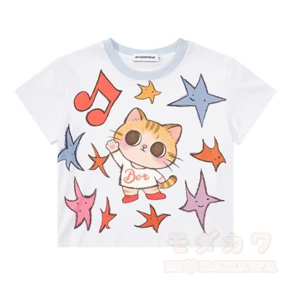 Zweiteiliges Set: Niedliches T-Shirt mit Katzen- und Sternenprint, bedruckte Jeansshorts und passendes Dekor-Dekor-Set - Weißes Oberteil - XL - image 4