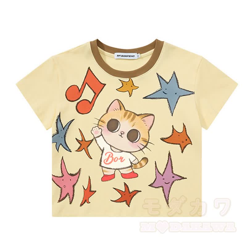 Zweiteiliges Set: Niedliches T-Shirt mit Katzen- und Sternenprint, bedruckte Jeansshorts und passendes Dekor-Dekor-Set - Gelbes Oberteil - XL - image 2