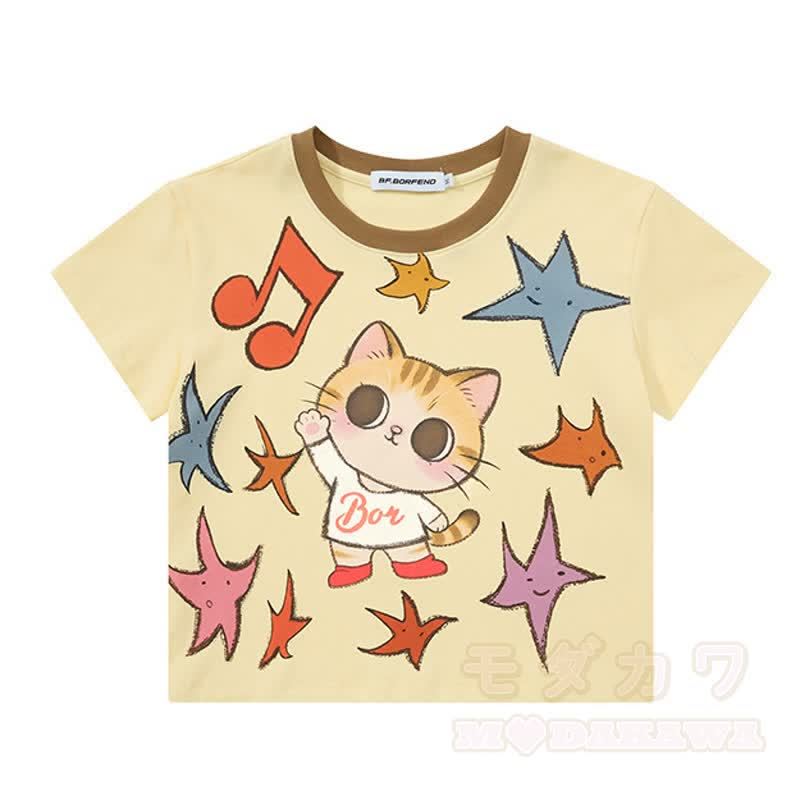 Zweiteiliges Set: Niedliches T-Shirt mit Katzen- und Sternenprint, bedruckte Jeansshorts und passendes Dekor-Dekor-Set - Gelbes Oberteil - XL - image 2