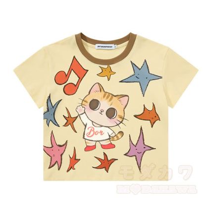 Zweiteiliges Set: Niedliches T-Shirt mit Katzen- und Sternenprint, bedruckte Jeansshorts und passendes Dekor-Dekor-Set - Gelbes Oberteil - XL - image 2