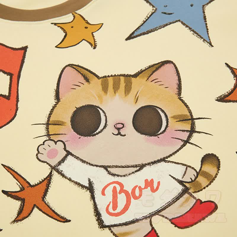 Zweiteiliges Set: Niedliches T-Shirt mit Katzen- und Sternenprint, bedruckte Jeansshorts und passendes Dekor-Dekor-Set - image 5