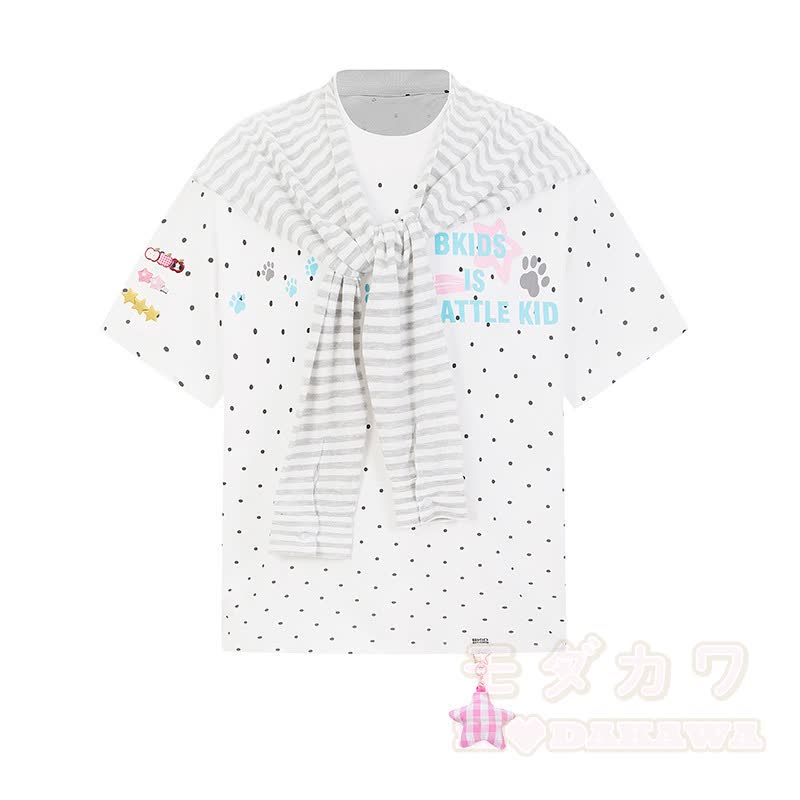 Hochwertiges, strapazierfähiges Set aus zweiteiligem Set: T-Shirt mit Polka-Dot-Stickerei und weit geschnittener Hose. - Weißes Oberteil - XL - image 2