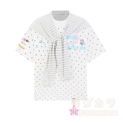 Hochwertiges, strapazierfähiges Set aus zweiteiligem Set: T-Shirt mit Polka-Dot-Stickerei und weit geschnittener Hose. - Weißes Oberteil - XL - image 2
