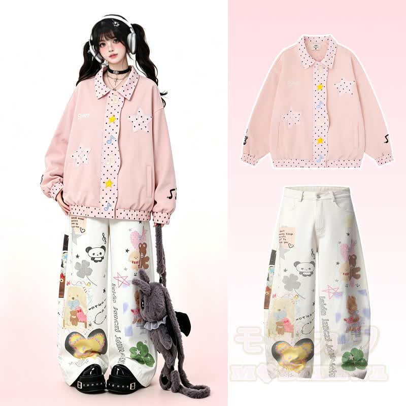 Hochwertiges, strapazierfähiges Set: Jacke mit Sternenstickerei, Hose mit Bären- und Panda-Print - Rosa Jacke + Hose - XL - image 1