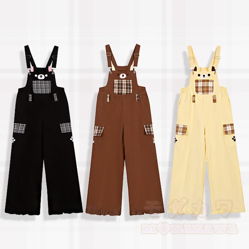 Hochwertige, strapazierfähige Latzhose mit Pressbär-Stickerei und Karomuster - image 1