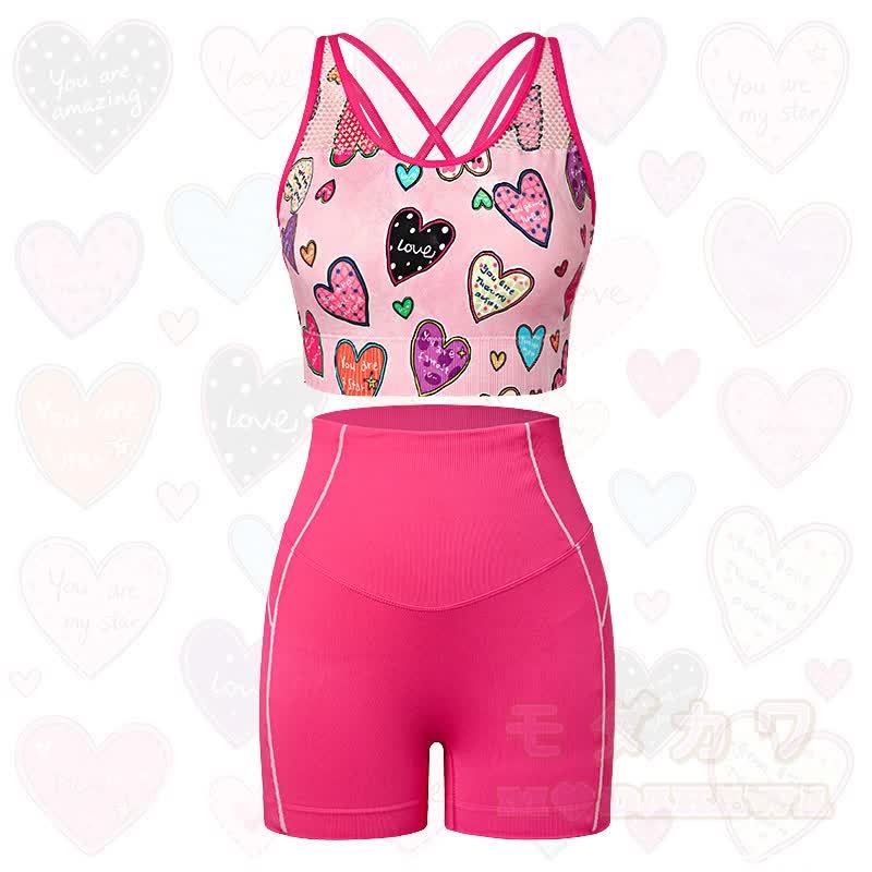 Buntes Set aus bauchfreiem Tanktop mit Herzmuster und hochgeschnittenen Shorts - image 1