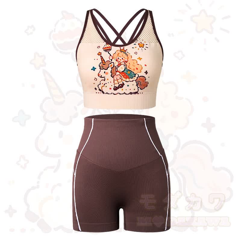 Einhorn-Print Crop-Top und High-Waist-Yoga-Shorts Zweiteiliges Set - image 1