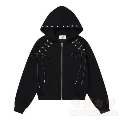 Hochwertige, strapazierfähige Kapuzenjacke im amerikanischen Stil mit Kordelzug und Reißverschluss - Schwarz - L - image 3