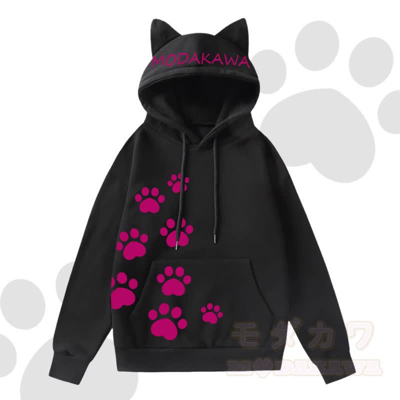 MODAKAWA Kawaii Langarm-Kapuzenpullover mit Katzenohren und Katzenpfotenabdruck - Schwarz B - 2XL - image 4