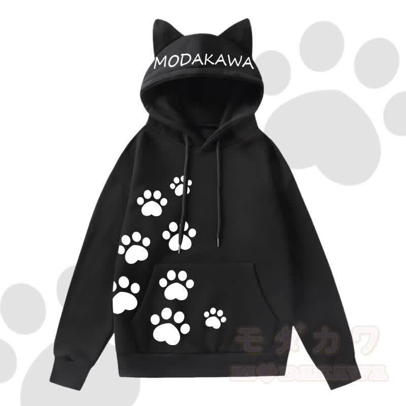 MODAKAWA Kawaii Langarm-Kapuzenpullover mit Katzenohren und Katzenpfotenabdruck - Schwarz A - 2XL - image 3