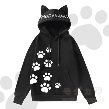 MODAKAWA Kawaii Langarm-Kapuzenpullover mit Katzenohren und Katzenpfotenabdruck - Schwarz A - 2XL - image 3