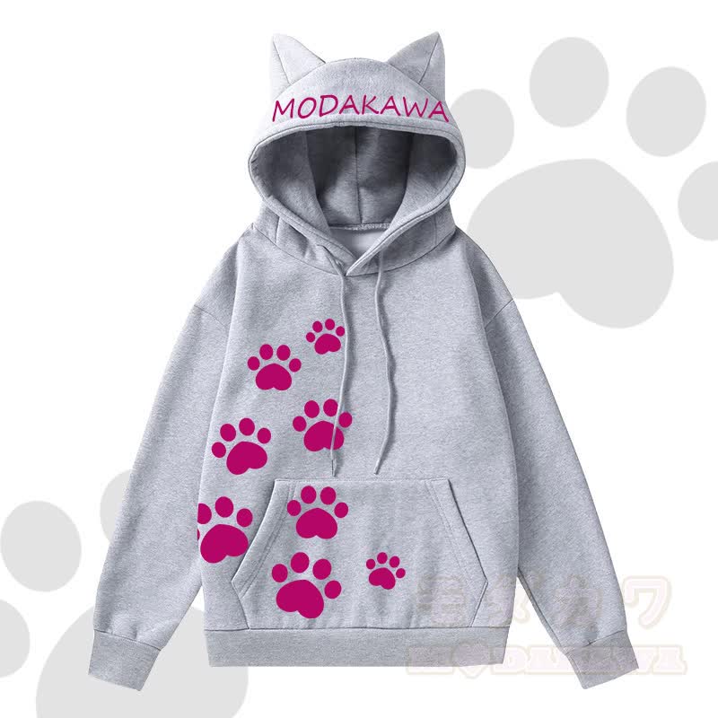 MODAKAWA Kawaii Langarm-Kapuzenpullover mit Katzenohren und Katzenpfotenabdruck - Grau B - 2XL - image 2