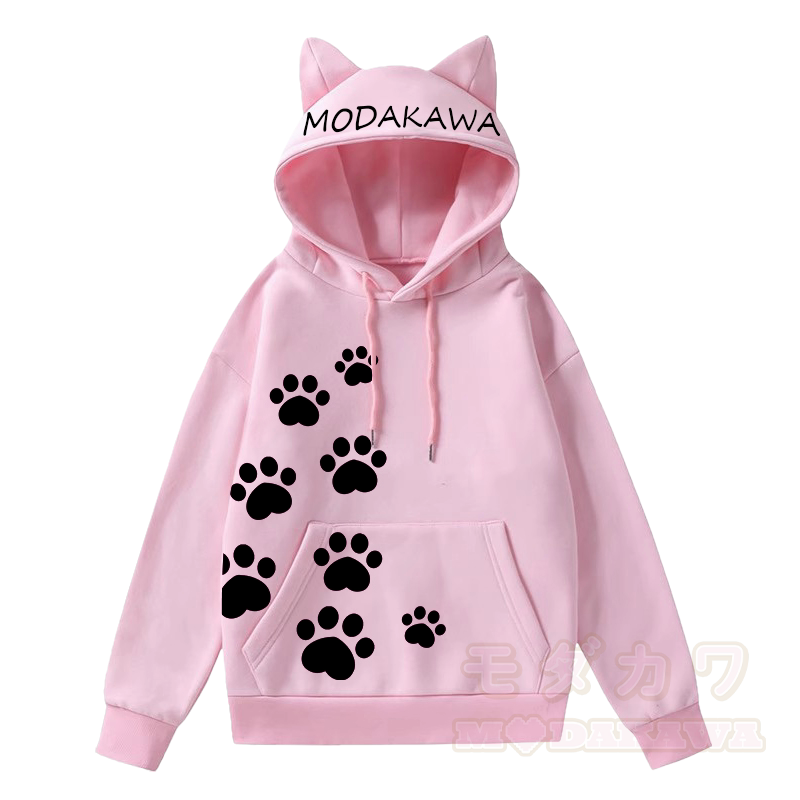 MODAKAWA Kawaii Langarm-Kapuzenpullover mit Katzenohren und Katzenpfotenabdruck - Pink A - 2XL - image 5