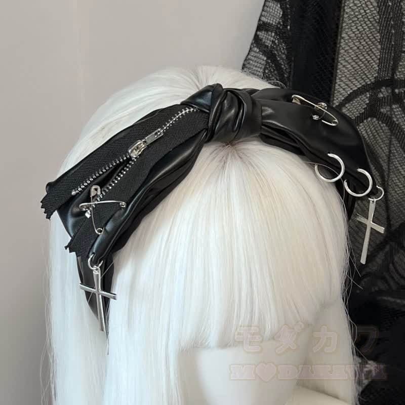 Punk-Kreuzanhänger, Leder-Schleifen-Stirnband - Schwarz - image 3