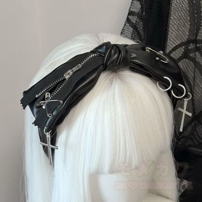 Punk-Kreuzanhänger, Leder-Schleifen-Stirnband - Schwarz - image 3