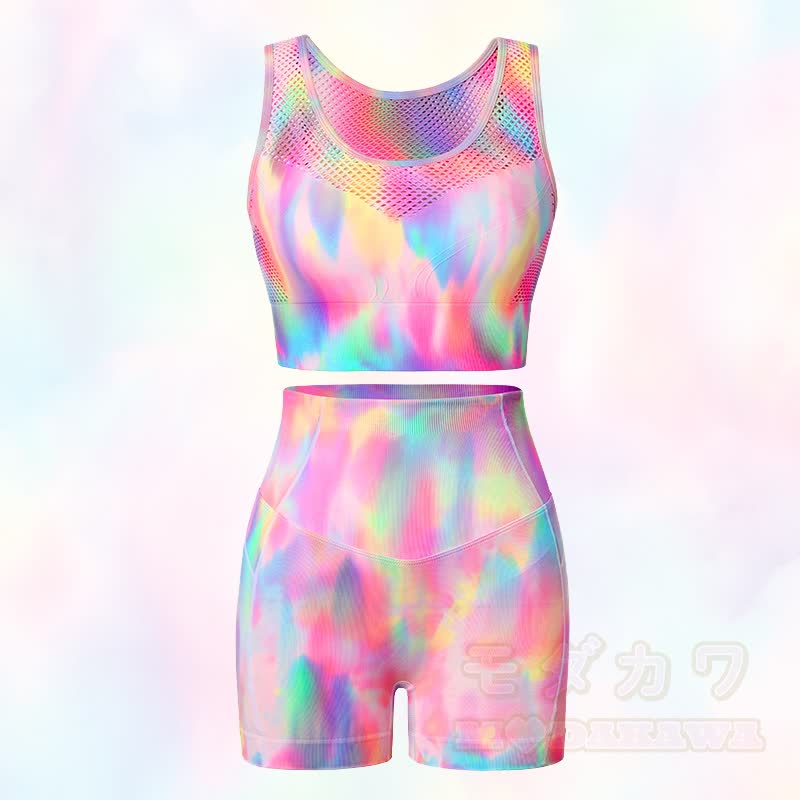 Aurora Print Mesh Crop Tank Top High Waist Yoga Shorts Zweiteiliges Set - image 1
