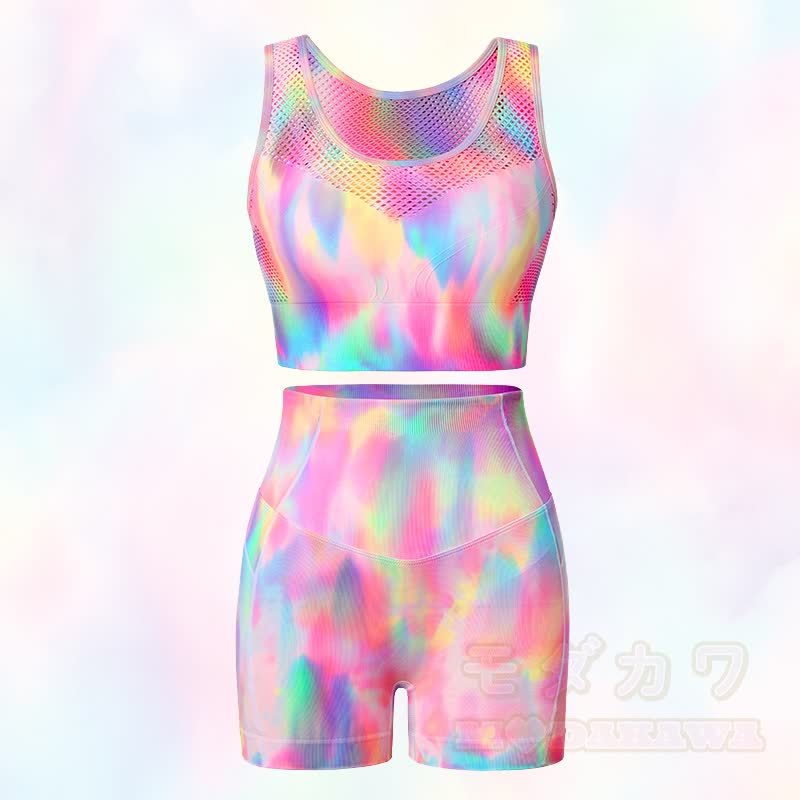 Aurora Print Mesh Crop Tank Top High Waist Yoga Shorts Zweiteiliges Set - image 1