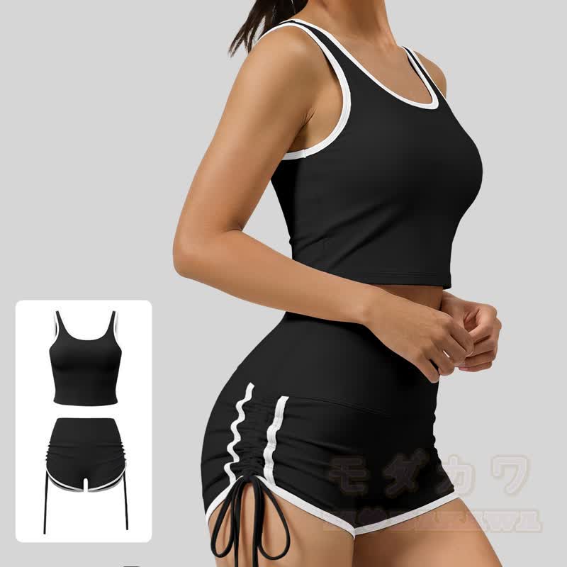 Zweiteiliges Set aus lässigem Crop-Top und Shorts mit seitlichem Kordelzug für Yoga - Schwarz - 2XL - image 1