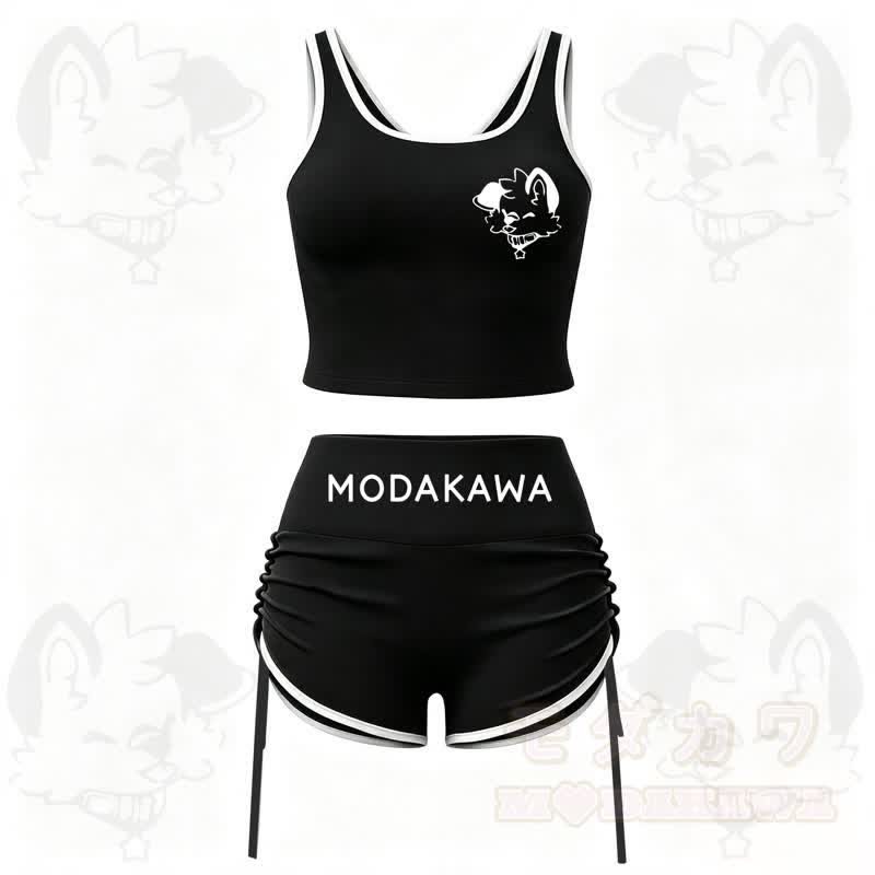 MODAKAWA X popipeko Hundeprint Cami Top Split Skort Zweiteiliges Set - Schwarzes Set - 2XL - image 1