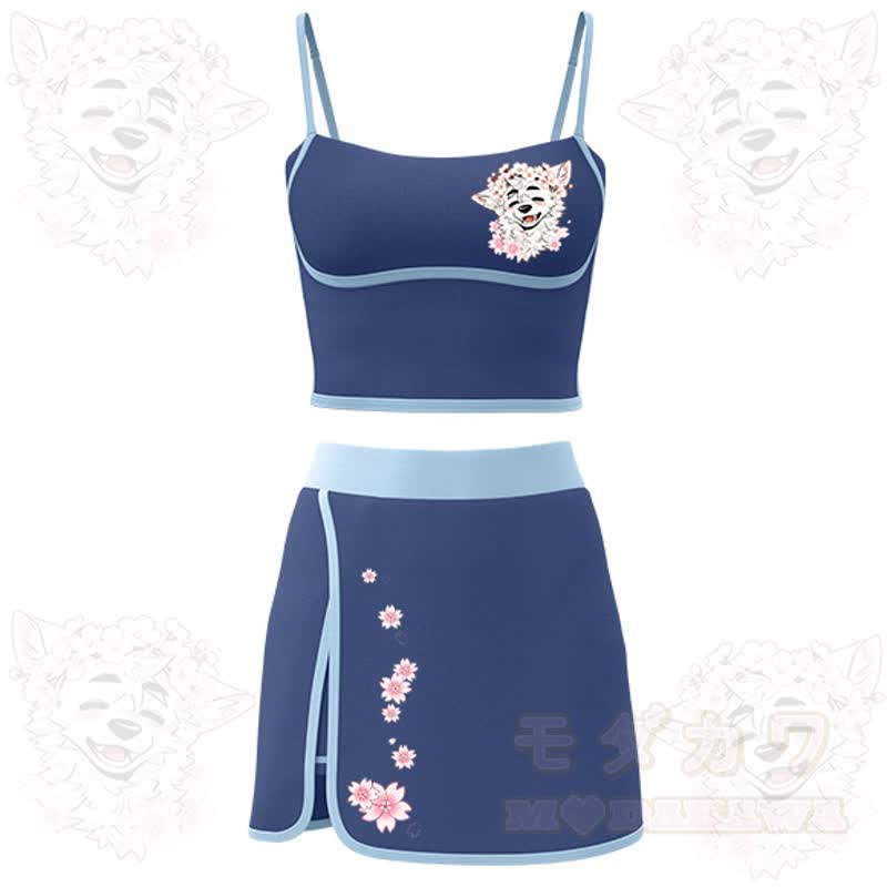 MODAKAWA X atka Kirschblüten-Wolfsprint Cami Top Split Skort Zweiteiliges Set - Blau - 2XL - image 1