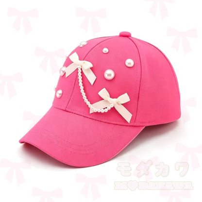 Kawaii Schleife Perlenkette Baseballkappe - Dunkelrosa - 57-59cm - image 1