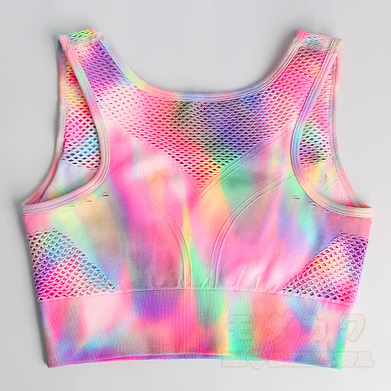 Aurora Print Mesh Crop Tank Top High Waist Yoga Shorts Zweiteiliges Set - image 3
