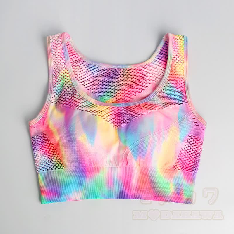 Aurora Print Mesh Crop Tank Top High Waist Yoga Shorts Zweiteiliges Set - Spitze - L - image 2