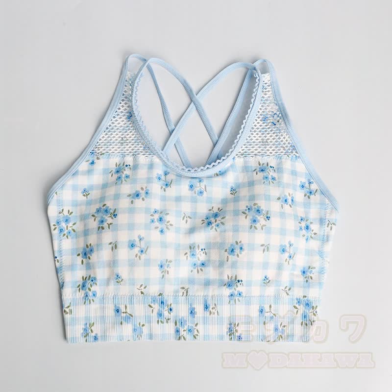 Zweiteiliges Set aus blauem, kariertem Crop-Top mit Blumenmuster, hochgeschnittenen Yoga-Shorts und Tanktop. - Spitze - L - image 2