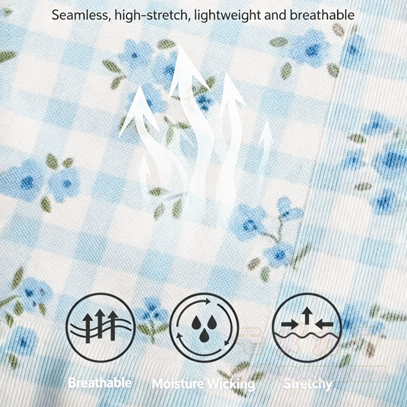 Zweiteiliges Set aus blauem, kariertem Crop-Top mit Blumenmuster, hochgeschnittenen Yoga-Shorts und Tanktop. - image 11