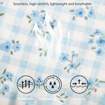Zweiteiliges Set aus blauem, kariertem Crop-Top mit Blumenmuster, hochgeschnittenen Yoga-Shorts und Tanktop. - image 11