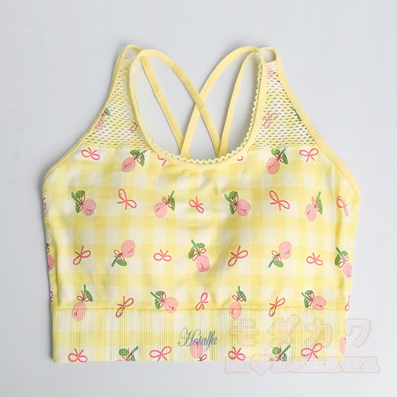 Gelbes Set aus bauchfreiem Tanktop mit Kirschmuster und hochgeschnittenen Shorts mit Vichy-Karo-Print - Spitze - L - image 2