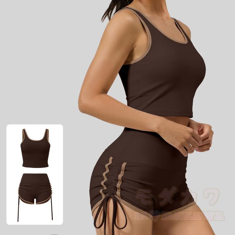 Zweiteiliges Set aus lässigem Crop-Top und Shorts mit seitlichem Kordelzug für Yoga - Kaffee - 2XL - image 8