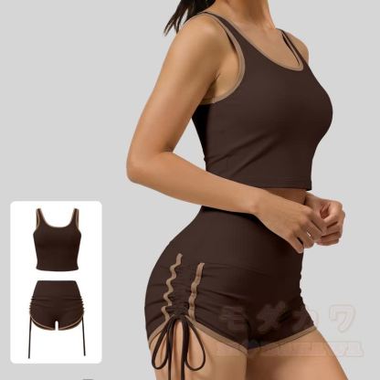Zweiteiliges Set aus lässigem Crop-Top und Shorts mit seitlichem Kordelzug für Yoga - Kaffee - 2XL - image 8